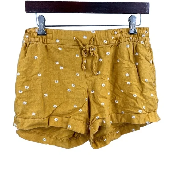 Old Navy Shorts Mustard Yellow Floral Drawstring Linen Blend Rolled Cuffs Medium